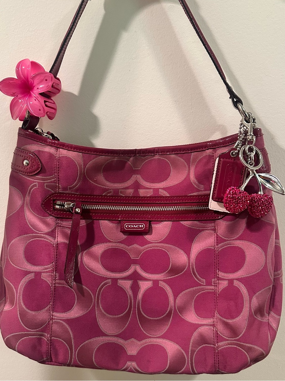 Coach Fuchsia Signature Canvas Shoulder Bag with Cherry Charm